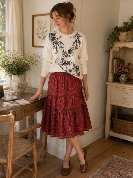 Northern Traditions Sweaters - Northern Traditions Cream Sweatshirt with Embroidered Botanical Detail